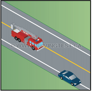 Test 1 - What do you need to do on a two-way highway when an emergency vehicle is approaching you from behind with its flashing lights and/or sirens on?