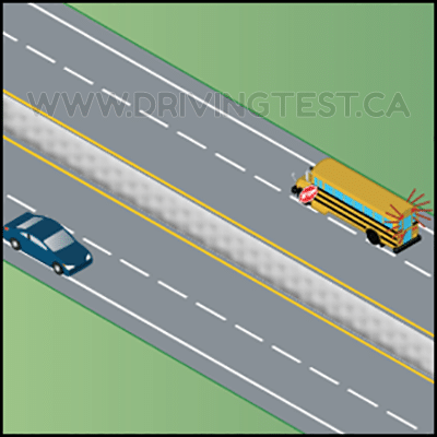 Test 1 - When are you allowed to pass a school bus with flashing lights?